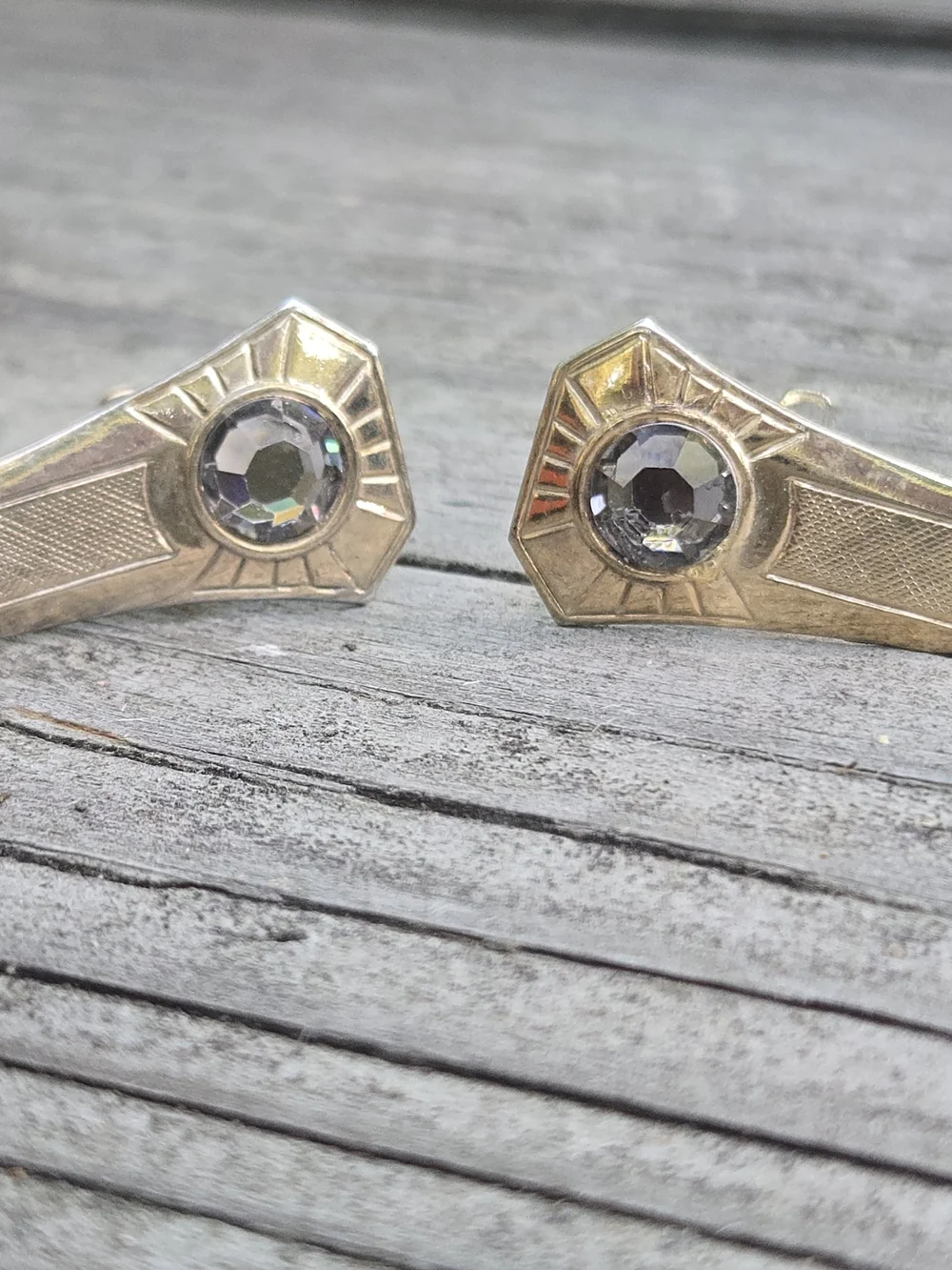 Vintage Art Deco Gold Tone Geometric Cufflinks Dark Center Stone Formal Mid Cent